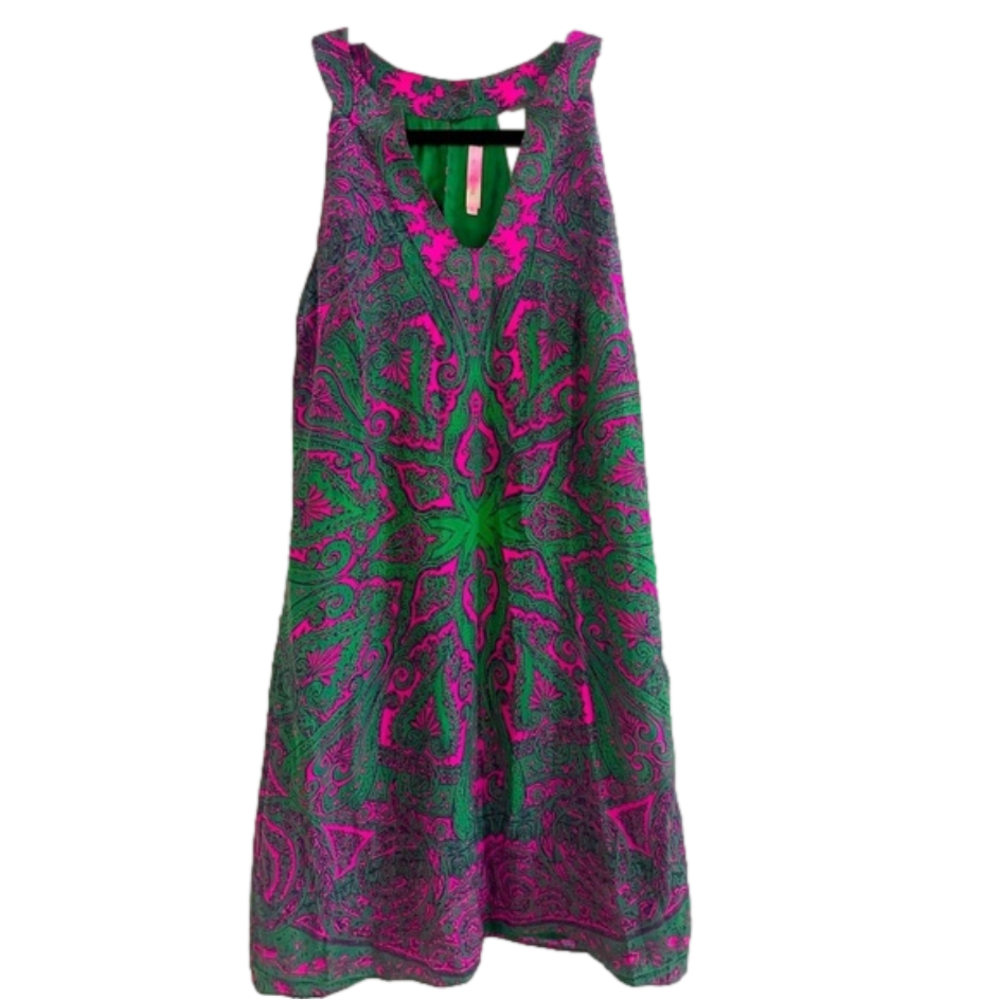 Alice & Trixie Pink Green Paisley Silk Kimberly Mini Dress Button Neck Sz XS